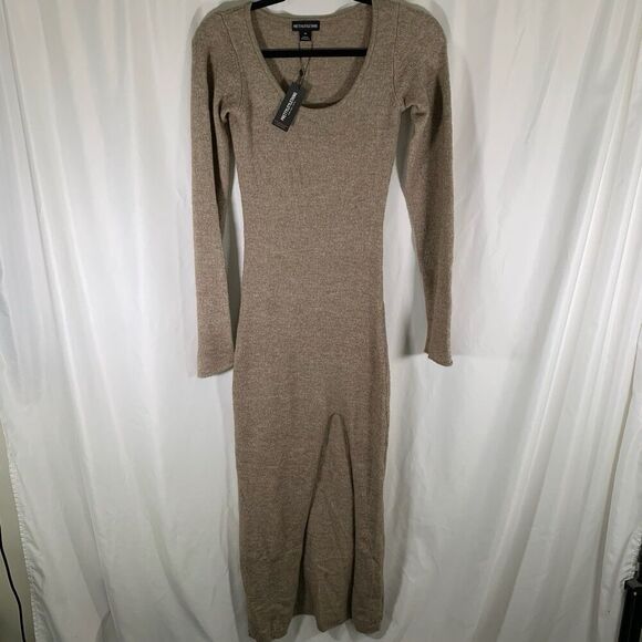 New Pretty Little Thing Sweater Dress Women's XS Brown Knit Long Sleeve Maxi - Picture 1 of 11